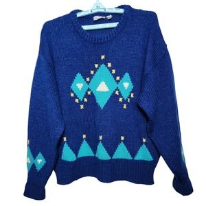Vintage 80s SUNDAYS XL Blue Geometric Knit Sweater Made in Korea Cobalt Chunky